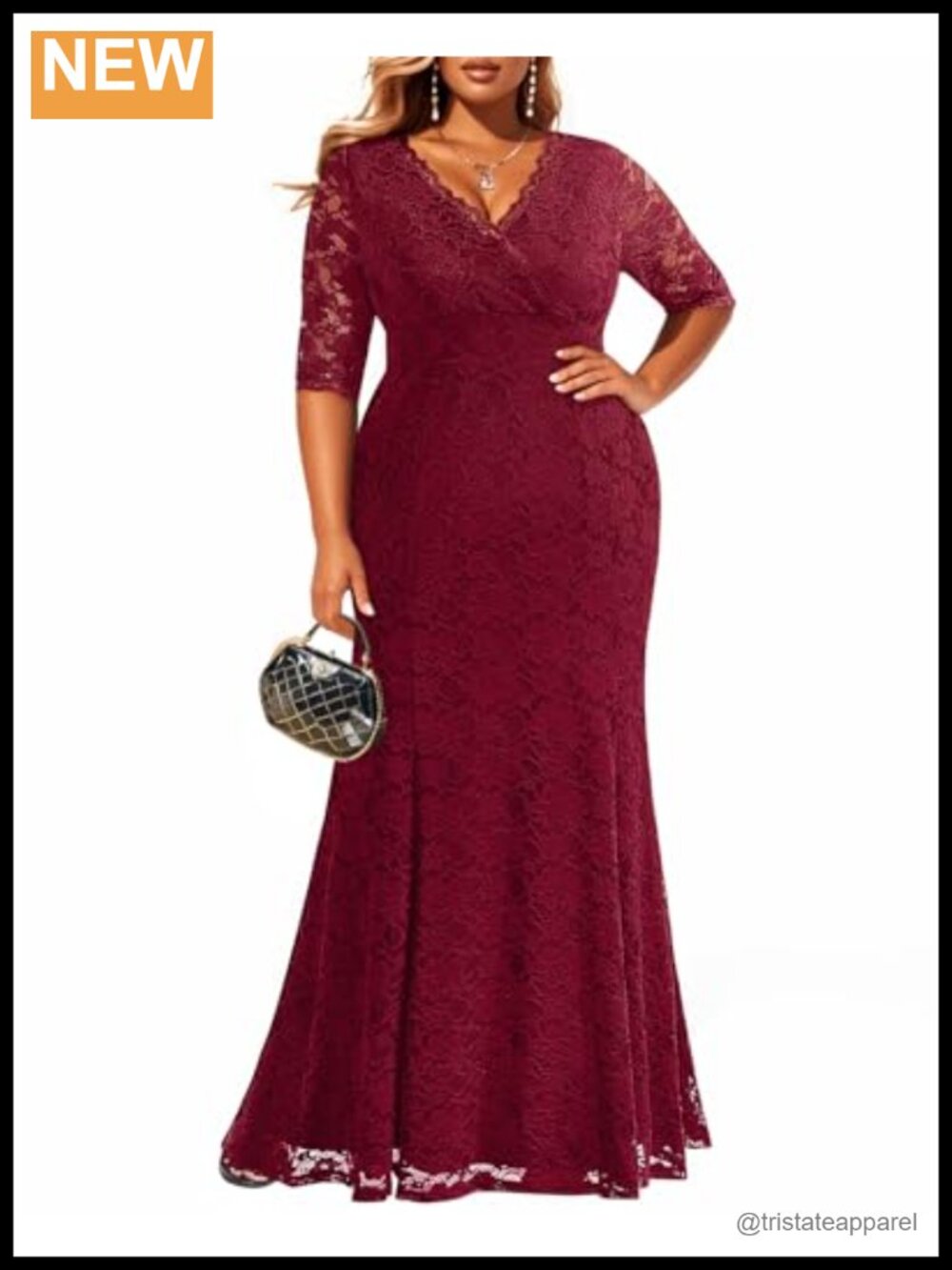 Plus Size Lace Mermaid Formal Evening Gown 3/4 Sleeve V-Neck Wedding Guest